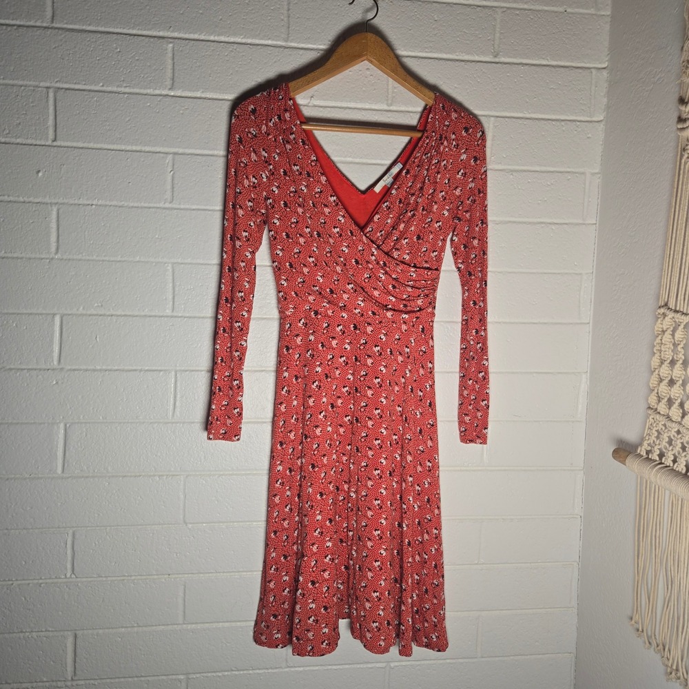 Boden Viscose Elastane 6 Floral Ruched Faux Wrap Midi Dress Feminine Ruched